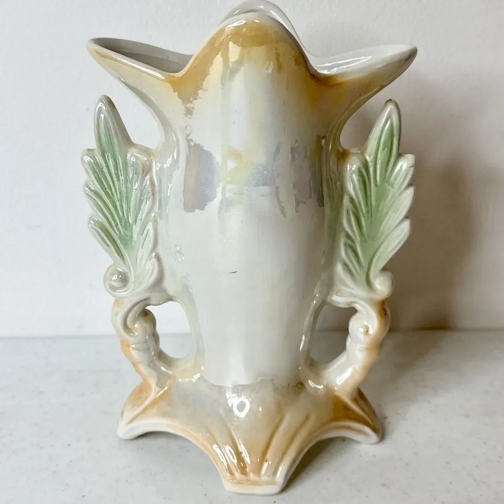 Floral Vase‎ Lusterware Made in Brazil 1749 3D Effect Decor Green Yellow Vintage